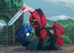 Size: 1170x831 | Tagged: safe, artist:shelti, imported from derpibooru, oc, oc only, unicorn, cross, female, male, mare, red and black oc, ruins, stallion, sword, weapon