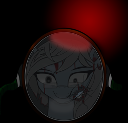 Size: 2125x2039 | Tagged: safe, alternate version, artist:truedepressed, imported from derpibooru, earth pony, pony, black background, blood, ear piercing, earring, gas mask, glasses, insanity, jewelry, mask, piercing, scientist, simple background, solo, stalker