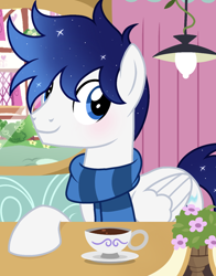 Size: 1080x1378 | Tagged: safe, artist:cstrawberrymilk, imported from derpibooru, oc, oc:moonlight dust, pegasus, pony, clothes, cup, male, scarf, solo, stallion, teacup