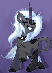 Size: 1928x2672 | Tagged: safe, artist:witchtaunter, imported from derpibooru, oc, oc only, oc:jinx kurai, kirin, pony, collar, commission, dancing, earbuds, eyes closed, fishnets, kirin oc, smiling, solo, spiked collar