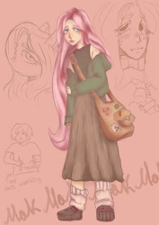 Size: 749x1060 | Tagged: safe, artist:89mak67, imported from derpibooru, discord, fluttershy, oc, draconequus, human, pony, alternate hairstyle, artistsona, bag, boots, clothes, eyeshadow, female, hoodie, humanized, makeup, mare, off shoulder, paper, peace symbol, pencil, pink background, shirt, shoes, simple background, skirt, socks, solo, sweat, sweatdrop, t-shirt, tanktop