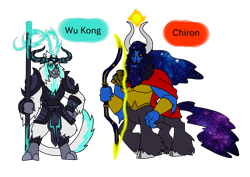 Size: 1414x1000 | Tagged: safe, artist:zetikoopa, imported from derpibooru, oc, oc:chiron, oc:wu kong, centaur, storm creature, taur, bow, immortal, male, simple background, staff, transparent background