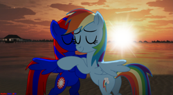 Size: 1915x1054 | Tagged: safe, artist:stephen-fisher, imported from derpibooru, rainbow dash, oc, oc:stephen (stephen-fisher), alicorn, pegasus, pony, bipedal, eyes closed, female, hug, male, shipping, stepdash, straight, sunset