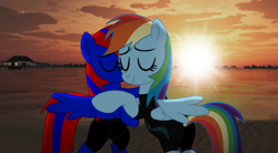 Size: 1915x1054 | Tagged: safe, artist:stephen-fisher, imported from derpibooru, rainbow dash, oc, oc:stephen (stephen-fisher), alicorn, pegasus, pony, bipedal, clothes, eyes closed, female, hug, male, shipping, stepdash, sunset, swimsuit