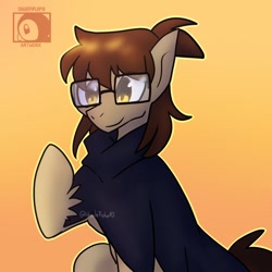 Size: 1080x1080 | Tagged: safe, artist:shadepiplup10, imported from derpibooru, oc, oc only, earth pony, pony, bust, clothes, earth pony oc, glasses, gradient background, smiling, solo