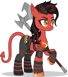 Size: 4678x5300 | Tagged: safe, artist:limedazzle, imported from derpibooru, pony, tiefling, absurd resolution, axe, baldur's gate, baldur's gate 3, karlach, ponified, simple background, solo, transparent background, weapon