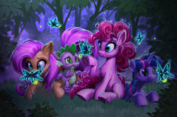 Size: 2400x1589 | Tagged: safe, artist:harwick, imported from derpibooru, firefly, fluttershy, pinkie pie, spike, twilight sparkle, dragon, earth pony, insect, pegasus, pony, unicorn, female, forest, g1, male, mare, night, underhoof, unicorn twilight