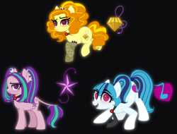 Size: 3500x2665 | Tagged: safe, artist:mint-light, artist:thatonenicekitty, imported from derpibooru, adagio dazzle, aria blaze, sonata dusk, earth pony, pony, base used, black background, blushing, clothes, equestria girls ponified, female, fishnets, gem, leonine tail, mare, necktie, open mouth, ponified, raised hoof, raised leg, simple background, siren gem, socks, stockings, tail, the dazzlings, thigh highs, trio