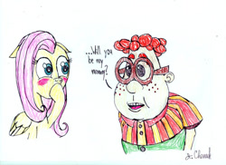 Size: 1049x762 | Tagged: safe, artist:endlesswire94, imported from derpibooru, fluttershy, human, pegasus, pony, blushing, carl wheezer, crossover, crossover shipping, dialogue, duo, english, gasp, jimmy neutron, mommy kink, shipping, shocked, shocked expression, simple background, text, traditional art, white background