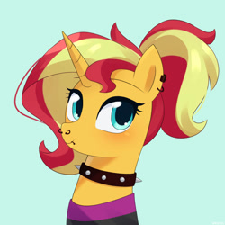 Size: 750x750 | Tagged: safe, artist:riouku, imported from derpibooru, sunset shimmer, pony, unicorn, alternate hairstyle, alternate universe, blue background, blushing, choker, clothes, commission, ear piercing, earring, female, jewelry, lip piercing, mare, piercing, ponytail, shirt, simple background, solo, spiked choker, t-shirt