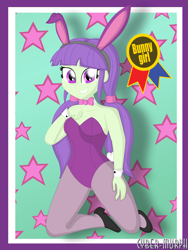 Size: 3024x4032 | Tagged: safe, artist:cyber-murph, imported from derpibooru, starshine, human, equestria girls, background human, bow, bunny ears, bunny girl, bunny suit, bunny tail, clothes, female, hair bow, kneeling, looking at you, pantyhose, pigtails, sexy, signature, smiling, solo, solo female, tail