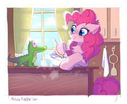 Size: 3000x2454 | Tagged: safe, artist:kejifox, artist:mirtash, imported from derpibooru, gummy, pinkie pie, alligator, earth pony, pony, baking, bowl, cheek fluff, chest fluff, collaboration, curtains, cute, diapinkes, duo, ear fluff, eyebrows, female, freckles, high res, hoof-friendly tool, indoors, kitchen, looking at each other, looking at someone, male, mare, mixing, mixing bowl, smiling, underhoof, window, wooden spoon