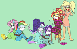 Size: 3951x2516 | Tagged: safe, artist:bugssonicx, imported from derpibooru, applejack, fluttershy, rainbow dash, rarity, starlight glimmer, sunset shimmer, equestria girls, bondage, clothes, gag, pajamas, tied up