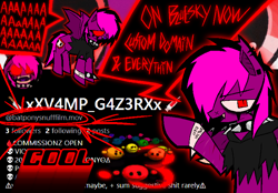 Size: 1598x1110 | Tagged: safe, artist:xxv4mp_g4z3rxx, imported from derpibooru, oc, oc:violet valium, bat pony, pony, :3, advertisement, arrow, bags under eyes, clothes, collar, eyeliner, fangs, flying, full body, glaggle, hoodie, hospital band, makeup, pointing, red eyes, rubber band, scar, smiling, social media, solo, speech bubble, spiked collar, spiked wristband, tail, text, two toned mane, two toned tail, waist up, wristband