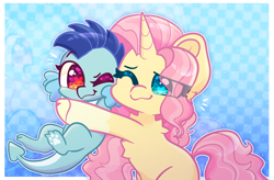Size: 2750x1801 | Tagged: safe, artist:moccabliss, imported from derpibooru, fluttershy, princess ember, dragon, pony, unicorn, baby, baby dragon, baby ember, cute, emberbetes, heart, heart eyes, hug, race swap, shyabetes, unicorn fluttershy, wingding eyes, younger