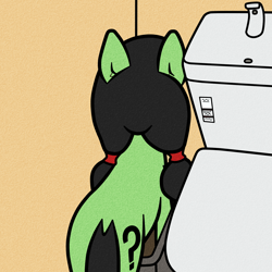 Size: 1500x1500 | Tagged: safe, artist:scandianon, imported from derpibooru, oc, oc:filly anon, earth pony, pony, bathroom, corner, female, filly, foal, pigtails, ponified animal photo, solo, toilet, trash can