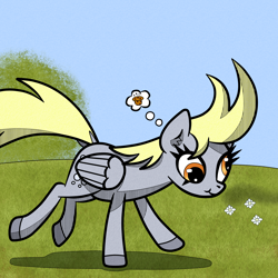 Size: 1500x1500 | Tagged: safe, artist:scandianon, imported from derpibooru, derpy hooves, pegasus, pony, female, folded wings, food, grass, mare, muffin, outdoors, running, solo, thought bubble, wings