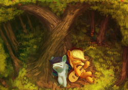 Size: 3000x2124 | Tagged: safe, artist:vultraz, imported from derpibooru, applejack, coloratura, earth pony, pony, applejack's hat, cowboy hat, crossed hooves, crossed legs, cute, duo, duo female, eyes closed, female, forest, grass, guitar, hat, high res, intertwined trees, jackabetes, lesbian, mare, musical instrument, open mouth, outdoors, pear tree, rara, rarabetes, rarajack, shipping, singing, tree, under the tree