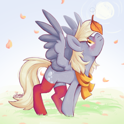 Size: 2000x2000 | Tagged: safe, artist:lionbun, imported from derpibooru, derpy hooves, pegasus, autumn, blushing, clothes, cute, female, leaf, mare, scarf, socks