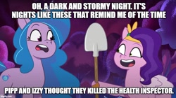 Size: 896x500 | Tagged: safe, edit, edited screencap, imported from derpibooru, screencap, izzy moonbow, pipp petals, pegasus, pony, unicorn, spoiler:g5, spoiler:my little pony: tell your tale, spoiler:tyts01e60, caption, duo, duo female, female, folded wings, g5, hoof hold, image macro, implied murder, looking at something, mare, my little pony: tell your tale, nasty patty, outdoors, scents of adventure, shovel, spongebob squarepants, text, wings