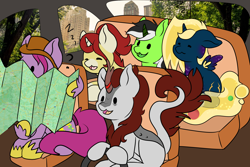 Size: 4500x3000 | Tagged: safe, artist:noxi1_48, imported from derpibooru, oc, oc:alpha omega, oc:holy sword, oc:onyx stell, oc:treble pen, pony, daily dose of friends, road trip