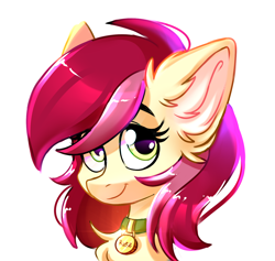 Size: 1528x1446 | Tagged: artist needed, safe, imported from derpibooru, roseluck, pony, bust, collar, commission, commissioner:doom9454, cute, pet tag, pony pet, portrait, rosepet