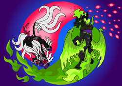 Size: 1414x1000 | Tagged: safe, artist:zetikoopa, imported from derpibooru, oc, oc:dark havok, oc:phantom infinite, dragon, hybrid, kirin, longma, fire, male, oc villain, stallion