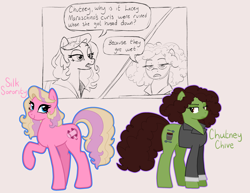 Size: 3300x2550 | Tagged: safe, artist:queertrixie, derpibooru exclusive, imported from derpibooru, earth pony, pony, blue eyes, brown eyes, closed mouth, clothes, comic, crossover, duo, eyebrows, female, frown, legally blonde, lidded eyes, looking at someone, looking back, mare, movie reference, open mouth, pink background, ponified, raised eyebrow, raised hoof, shirt, simple background, smiling, speech, speech bubble, standing, talking, unamused, white background