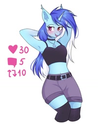 Size: 1188x1501 | Tagged: safe, artist:freyamilk, imported from derpibooru, oc, oc only, oc:candy star, anthro, unicorn, arm behind head, armpits, blushing, female, mare, midriff, simple background, solo, stripping, white background