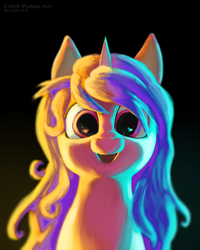 Size: 2000x2500 | Tagged: safe, artist:calebpedigo, imported from derpibooru, pony, unicorn, black background, bust, female, looking at you, mare, open mouth, open smile, simple background, smiling, smiling at you, solo