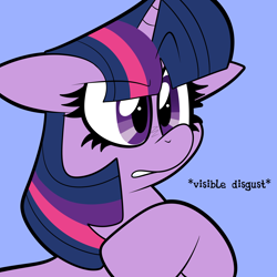 Size: 2000x2000 | Tagged: safe, artist:saveraedae, imported from derpibooru, twilight sparkle, pony, unicorn, blue background, female, looking offscreen, mare, raised hoof, reaction image, simple background, solo, unicorn twilight