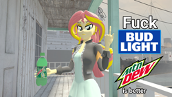 Size: 1920x1080 | Tagged: safe, imported from derpibooru, sunset shimmer, equestria girls, 3d, angry, bud light, middle finger, mountain dew, source filmmaker, vulgar