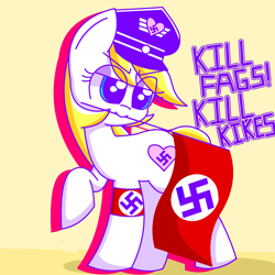 Size: 2048x2048 | Tagged: safe, artist:aryannerapesmewithherfutacockeverynight, edit, editor:strifesnout, oc, oc:aryanne, earth pony, pony, antisemitism, armband, blonde, blonde mane, caption, eye clipping through hair, eyelashes, female, flag, military hat, mouth hold, nazi, nazi armband, nazi hat, nazipone, racism, raised hoof, raised leg, shadow, simple background, smiling, smug, solo, swastika, text, white coat, yellow background