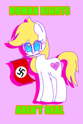 Size: 500x741 | Tagged: safe, artist:aryannerapesmewithherfutacockeverynight, edit, editor:strifesnout, oc, oc:aryanne, earth pony, pony, blue eyes, caption, earth pony oc, female, flag, looking at you, mouth hold, nazi, pink background, simple background, solo, swastika, text, white coat