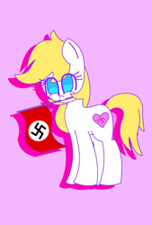 Size: 500x741 | Tagged: safe, artist:aryannerapesmewithherfutacockeverynight, edit, editor:strifesnout, oc, oc:aryanne, earth pony, pony, blue eyes, earth pony oc, female, flag, looking at you, mouth hold, nazi, pink background, simple background, solo, swastika, white coat