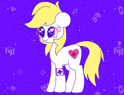 Size: 650x499 | Tagged: safe, artist:aryannerapesmewithherfutacockeverynight, edit, editor:strifesnout, oc, oc:aryanne, pony, dream, female, happy, nazi, omori, purple background, simple background, swastika