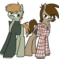 Size: 700x700 | Tagged: safe, artist:supernaturalismagic, imported from derpibooru, earth pony, clothes, dean winchester, duo, male, sam winchester, shirt, simple background, stallion, supernatural, tumblr:supernaturalismagic, white background