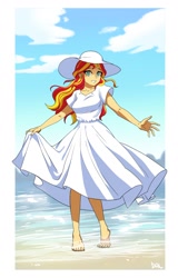 Size: 1200x1877 | Tagged: safe, artist:dalsegno, imported from derpibooru, sunset shimmer, human, equestria girls, barefoot, beach, clothes, cute, dress, feet, hat, looking at you, partially submerged, passepartout, shimmerbetes, smiling, smiling at you, solo, standing in water, sun hat, sundress, water