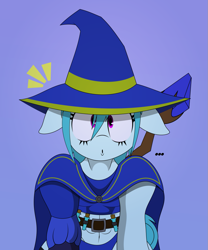Size: 997x1200 | Tagged: safe, artist:isaac_pony, imported from derpibooru, oc, oc only, pony, unicorn, belt, clothes, dungeons and dragons, fantasy, fantasy class, femboy, gloves, hat, mage, male, pen and paper rpg, potion, purple background, rpg, simple background, solo, staff, tail, wizard hat, wizard robe