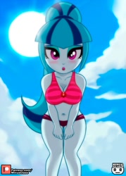 Size: 1071x1500 | Tagged: safe, artist:minusclass, imported from derpibooru, part of a set, sonata dusk, human, equestria girls, belly button, bikini, bikini bottom, bikini top, breasts, cleavage, clothes, cloud, eyeshadow, female, gem, legs, looking at you, looking down, looking down at you, makeup, midriff, open mouth, outdoors, patreon, patreon logo, ponytail, siren gem, sky, solo, sun, swimsuit