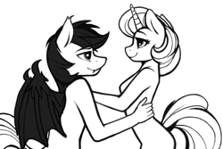 Size: 768x512 | Tagged: safe, artist:truedepressed, imported from derpibooru, oc, oc only, anthro, bat pony, unicorn, ass, bed, breasts, butt, cute, duo, female, looking at each other, looking at someone, love, monochrome, nudity, romantic, simple background, sketch, smiling, white background