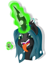Size: 1024x1522 | Tagged: safe, artist:kunoichipikachu, imported from derpibooru, queen chrysalis, oc, pony, unicorn, bust, duo, imminent vore, levitation, magic, male, micro, simple background, stallion, telekinesis, tongue out, transparent background