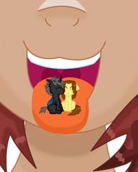 Size: 900x1118 | Tagged: safe, artist:kunoichipikachu, imported from derpibooru, oc, oc only, oc:brownie bite, oc:stormraider, pony, cheek kiss, imminent vore, kissing, male, micro, shipping, sitting, stallion