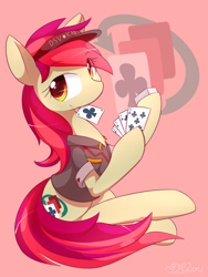 Size: 2700x3600 | Tagged: safe, artist:dshou, imported from derpibooru, oc, oc only, earth pony, pony, clothes, dealer, earth pony oc, female, high res, hoof hold, mare, mouth hold, playing card, shirt, simple background, sitting, solo, visor cap