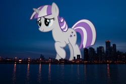 Size: 1600x1063 | Tagged: safe, artist:drfatalchunk, edit, editor:jaredking779, imported from derpibooru, twilight velvet, pony, unicorn, chicago, female, giant pony, giantess, highrise ponies, illinois, irl, macro, mare, photo, ponies in real life, smiling, solo, story included