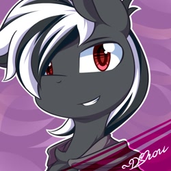 Size: 500x500 | Tagged: safe, artist:dshou, imported from derpibooru, oc, oc only, oc:shadow moon, pony, bust, clothes, gray coat, grin, portrait, red eyes, robe, smiling, solo