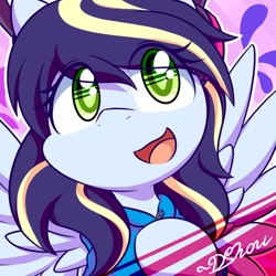 Size: 500x500 | Tagged: safe, artist:dshou, imported from derpibooru, oc, oc only, oc:bubble splat, pegasus, pony, bust, clothes, green eyes, hoodie, looking up, open mouth, open smile, portrait, smiling, solo, spread wings, sweat, sweatdrops, wavy mouth, wings