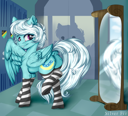 Size: 2200x2000 | Tagged: safe, alternate version, artist:silverfir, imported from derpibooru, fleetfoot, pegasus, pony, butt, chest fluff, clothes, commission, commissioner:fleetfoot, dock, ear fluff, female, fleetbutt, fluffy, high res, indoors, leg fluff, locker room, looking at you, looking back, looking back at you, mare, mirror, one wing out, plot, raised leg, smiling, smiling at you, socks, solo, striped socks, tail, thigh highs, wings