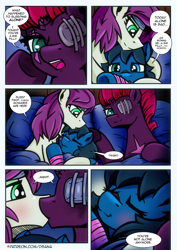 Size: 2480x3508 | Tagged: safe, artist:dsana, imported from derpibooru, fizzlepop berrytwist, tempest shadow, oc, oc:lullaby dusk, oc:thistledown, earth pony, pegasus, pony, unicorn, comic:a storm's lullaby, bandage, canon x oc, comic, dialogue, eyepatch, family, female, filly, foal, heterochromia, hug, kiss on the lips, kissing, lesbian, mare, scar, shipping, smiling, speech bubble