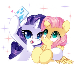 Size: 1286x1145 | Tagged: safe, artist:loyaldis, imported from derpibooru, fluttershy, rarity, pegasus, pony, unicorn, cellphone, duo, duo female, female, flarity, heart, heart eyes, hoof hold, horn, hug, lesbian, looking up, mare, open mouth, open smile, phone, selfie, shipping, simple background, smartphone, smiling, sparkles, transparent background, wingding eyes, wings